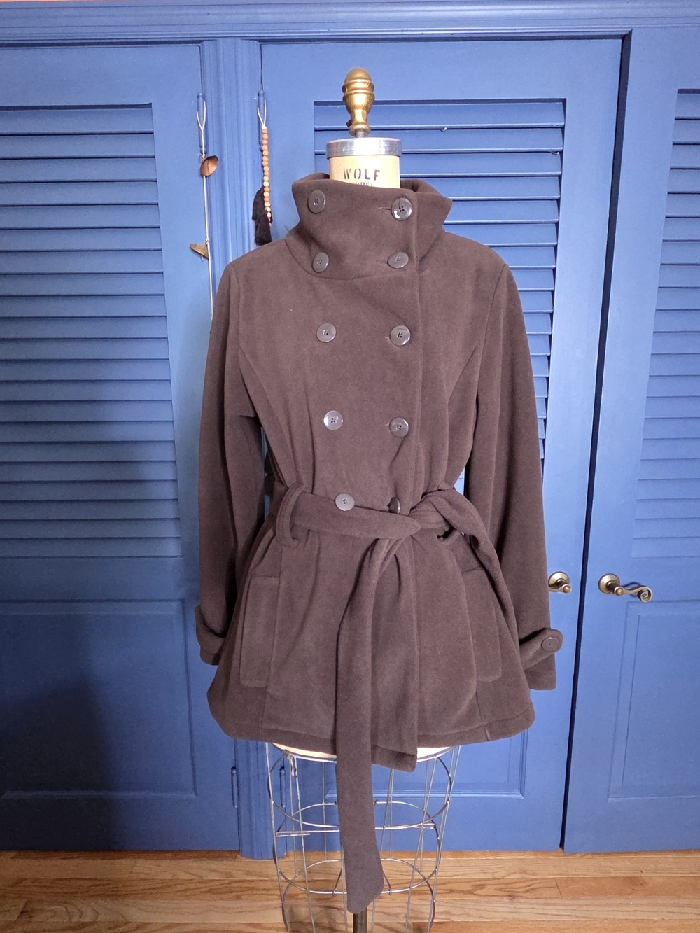 E-STUDIO Double Breasted Fleece Wrap Coat Brown L